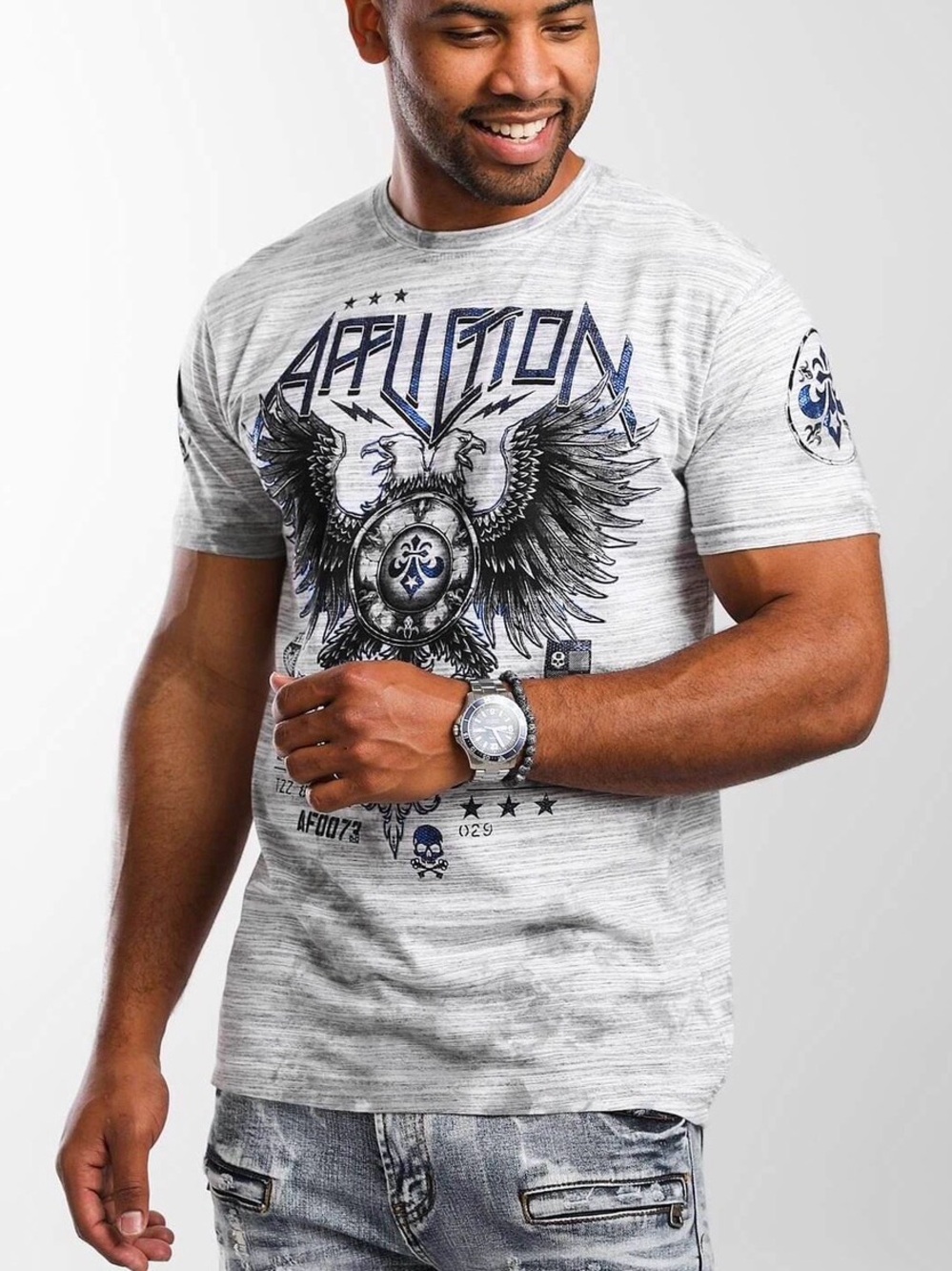 Affliction Men's Heather Gray Graphic Eagle Crew Tee with Navy Accents